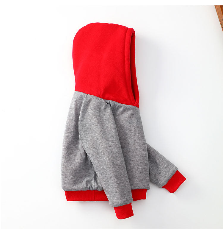 Baby Hooded Sweater for ages 3-8 in red and grey, featuring a cozy hood and comfortable fit.