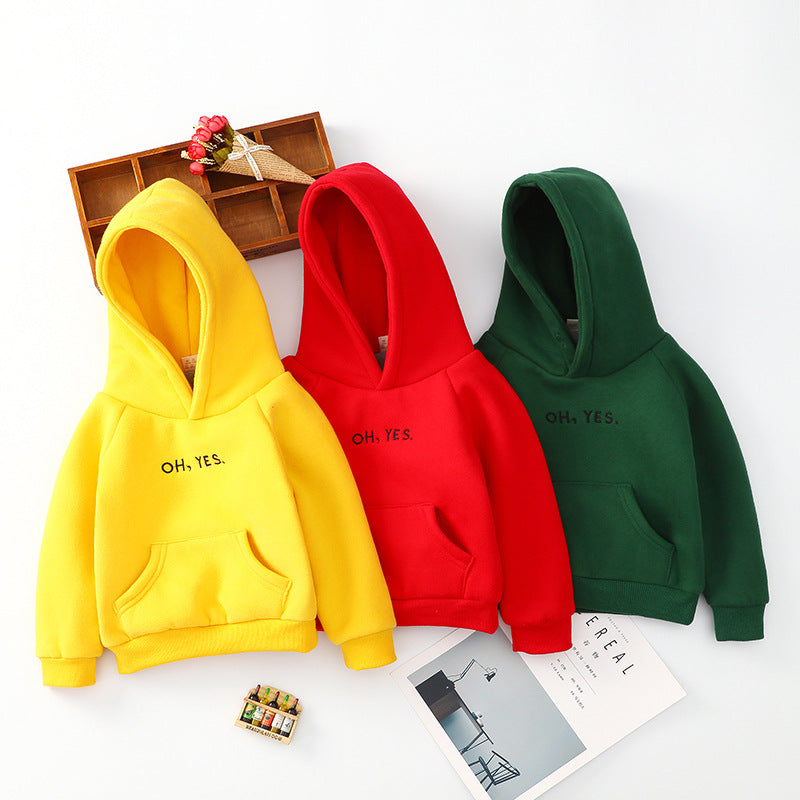 Baby Hooded Sweater in yellow, red, and green colors, featuring a front pocket and 'OH. YES.' text, suitable for ages 3-8.