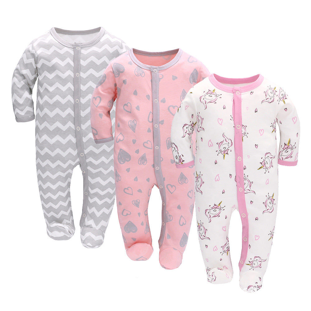 Soft Baby Romper featuring three styles: gray chevron, pink hearts, and unicorn design.