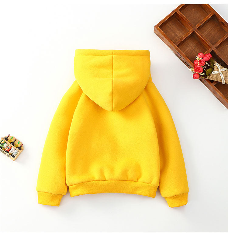 Baby Hooded Sweater in bright yellow color, showcasing the back design and hood, perfect for ages 3-8.