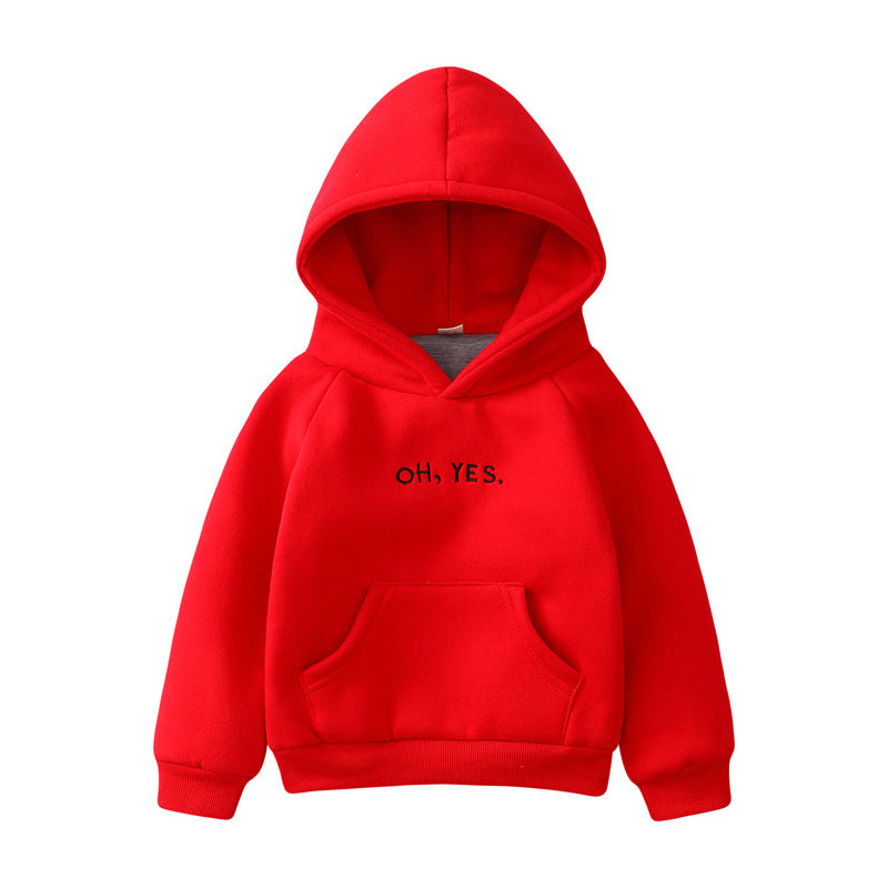 Baby Hooded Sweater in red with embroidered text 'OH, YES.' for ages 3-8.