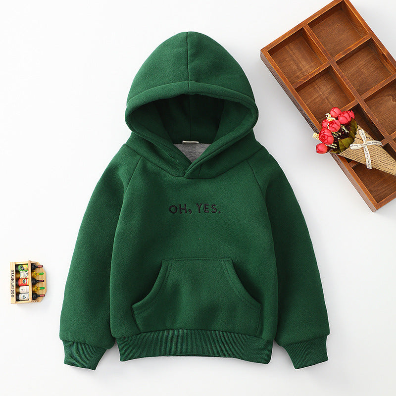 Baby Hooded Sweater in green color featuring the text 'OH, YES.' and a front pocket, suitable for ages 3-8.