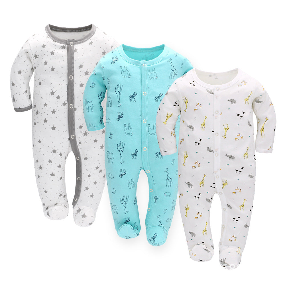 Soft Baby Romper featuring three cute designs: gray star, blue animal print, and white giraffe print.