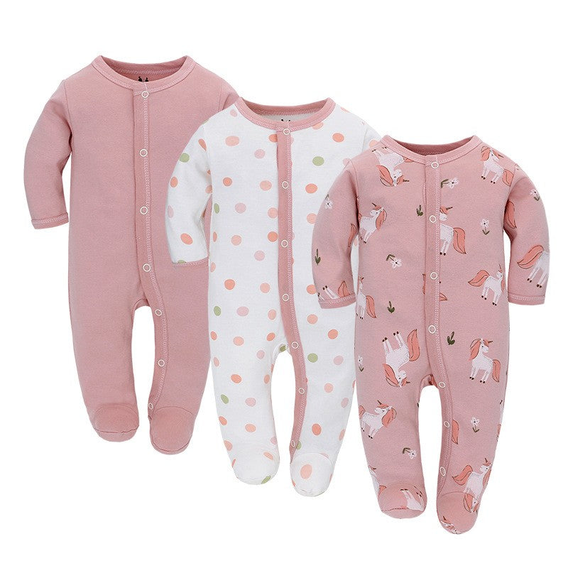 Soft Baby Romper set featuring polka dots and unicorn prints in soft pink hues.