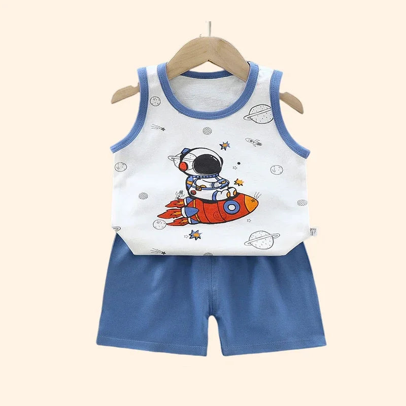 Kids summer outfit set featuring a cotton sleeveless tank top with astronaut graphic and blue shorts.