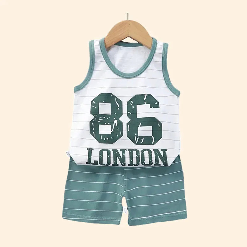 Kids summer outfit set featuring a cotton sleeveless tank top and striped shorts with '86 LONDON' print.
