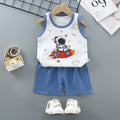 Kids summer outfit set featuring a cotton sleeveless tank top and shorts with a fun cartoon astronaut print.