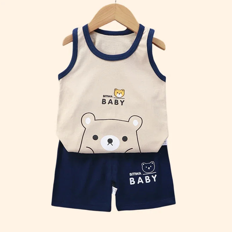 Kids summer outfit set featuring a cotton sleeveless tank top and shorts with cartoon bear prints.