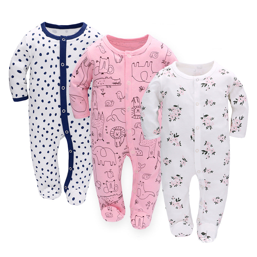Soft Baby Romper featuring polka dots, playful animals, and floral patterns in a set of three.